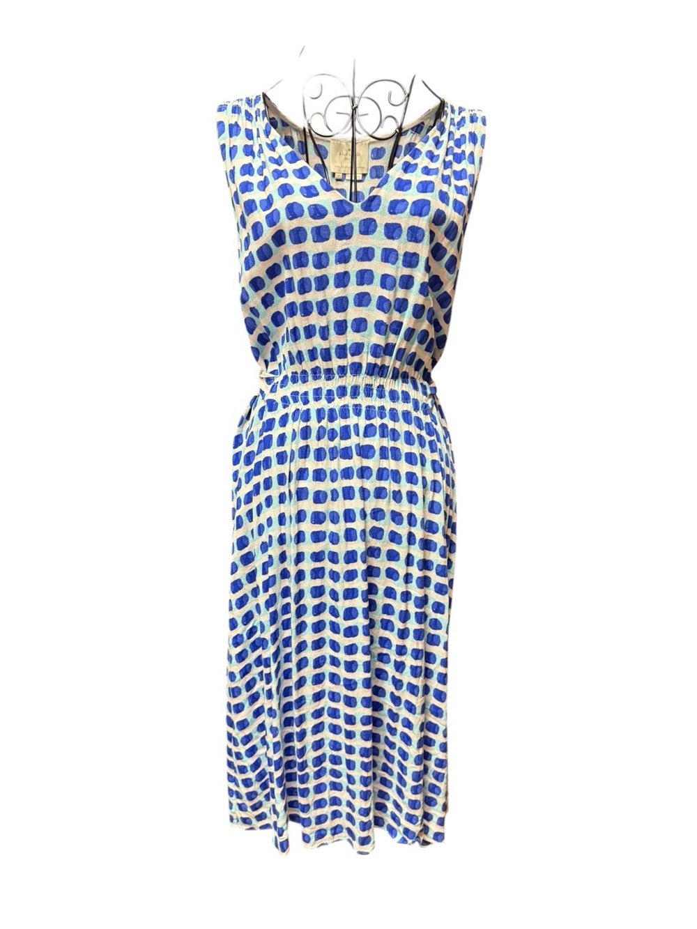 kate spade Blue Square-Pattern Sleeveless tie waist Midi Dress Medium